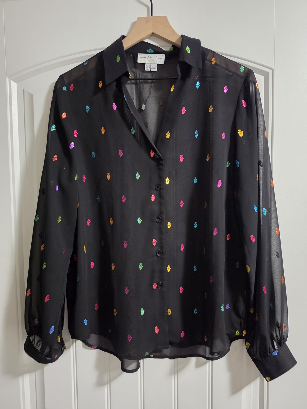 Never Fully Dressed Black Sheer Button-Up Blouse with Multicolor Dots